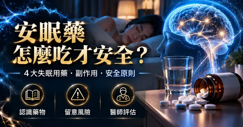 安眠藥怎麼吃才安全？醫療示意圖呈現睡眠中的女性、大腦神經與安眠藥，介紹4大類失眠用藥、副作用及安全服藥原則。