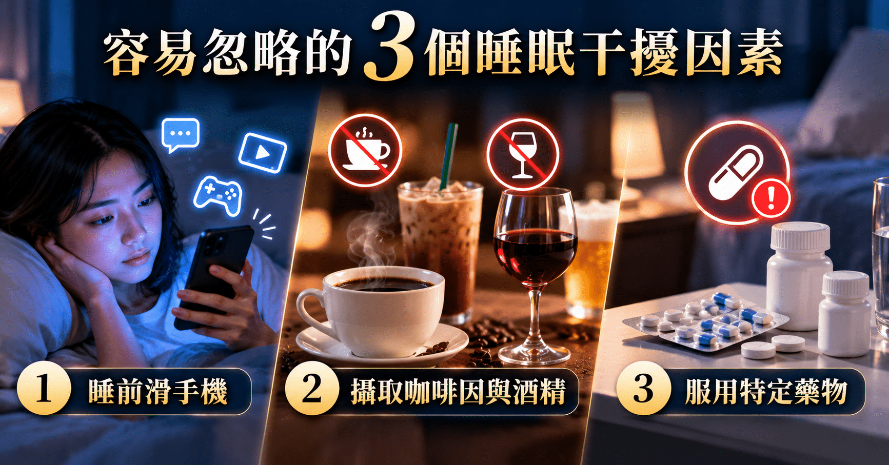 睡不著原因有哪些?帶你從7大類原因對照,找出你睡不著的關鍵! 3 容易忽略的3個睡眠干擾因素:睡前滑手機、攝取咖啡因與酒精,以及服用特定藥物,這些生活習慣與用藥因素都可能造成晚上睡不著。
