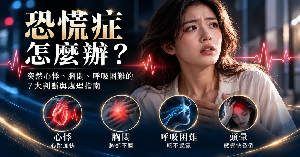 恐慌症常見症狀包括突然心悸、胸悶、呼吸困難、頭暈與強烈恐懼感，初次發作或出現嚴重胸痛時應先排除急症。