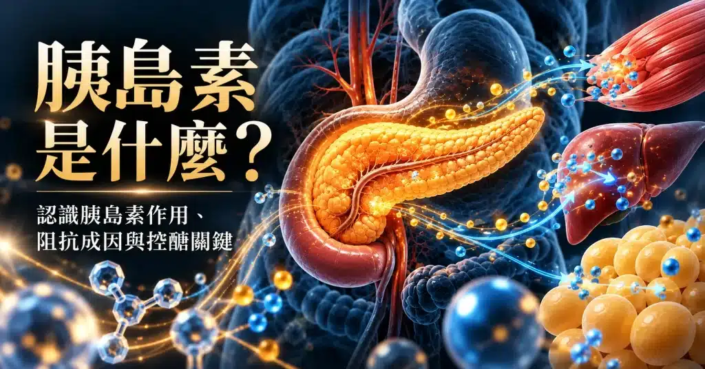 胰島素是什麼？胰臟分泌胰島素的醫學示意圖，說明胰島素作用、血糖調節、胰島素阻抗與人體代謝的關係。