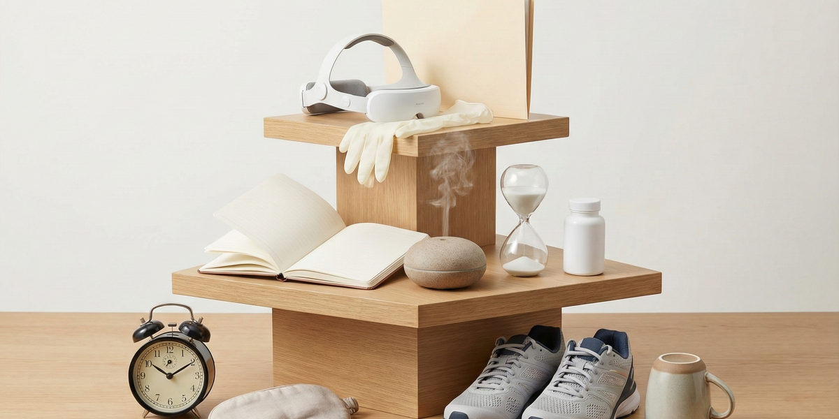 以真實物件堆疊分層呈現失眠治療分級：生活調整、CBT-I/短期藥物、進階大腦調節