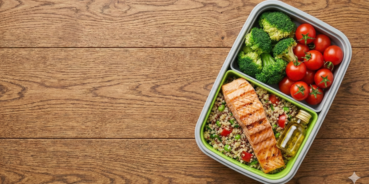 適合台北外食族的減肥地中海餐盒，包含烤鮭魚、彩色烤蔬菜、藜麥飯與一小瓶橄欖油，擺放在極簡木質餐桌上。
