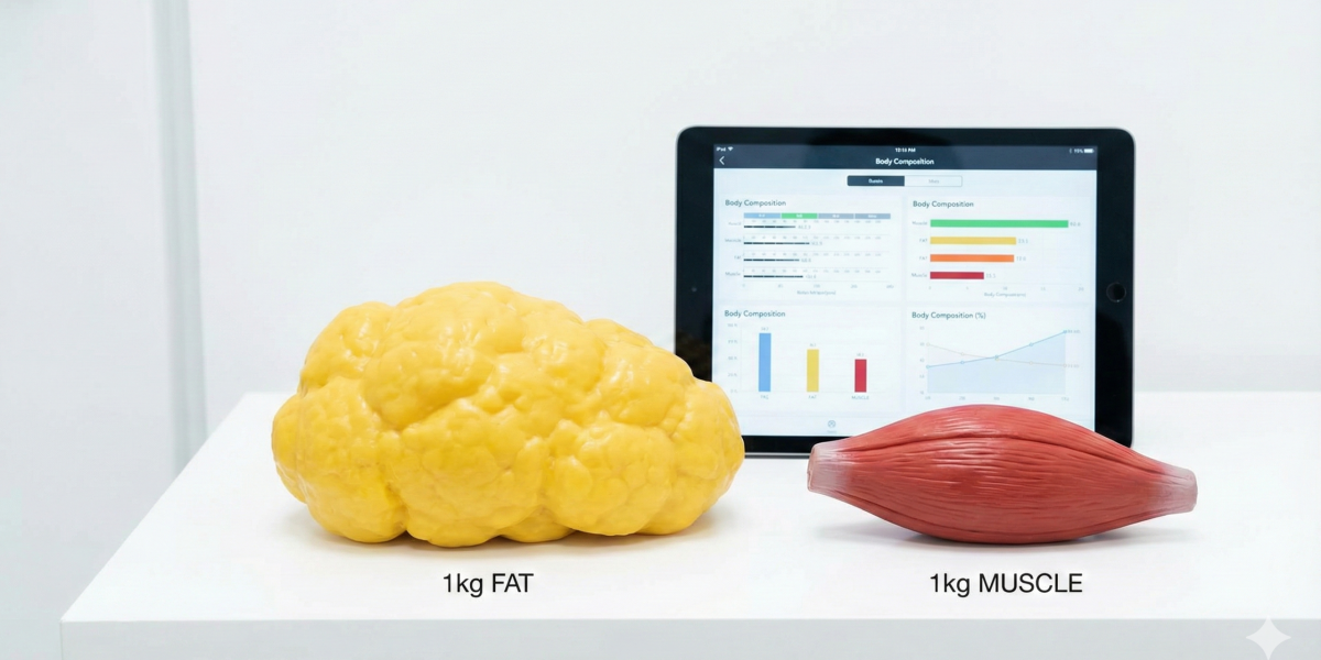 科學化減肥視覺對比：1公斤黃色脂肪模型與1公斤紅色肌肉模型的體積差異，旁邊配有顯示體組成分析數據的平板電腦。