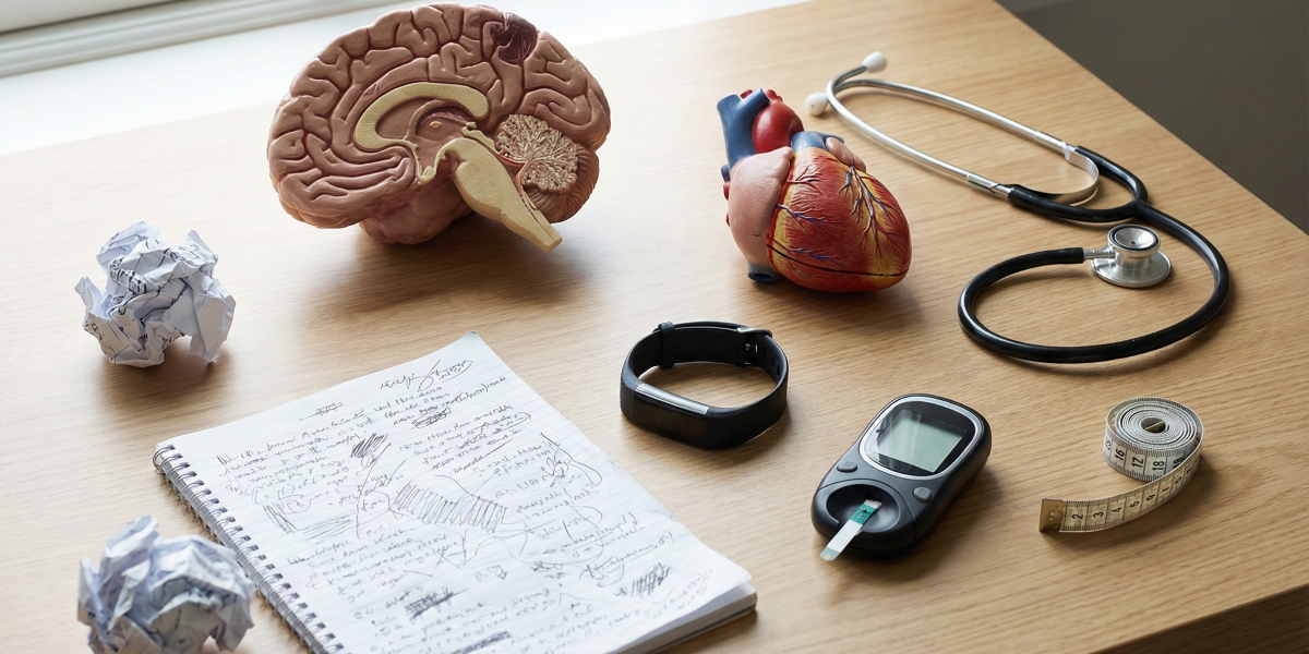 失眠可能影響大腦、心血管、情緒與代謝的桌面情境照片