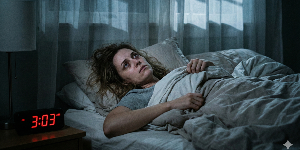 女子半夜躺在床上睡不著，鬧鐘顯示 3:03，呈現自律神經失衡導致失眠與焦慮的情境。