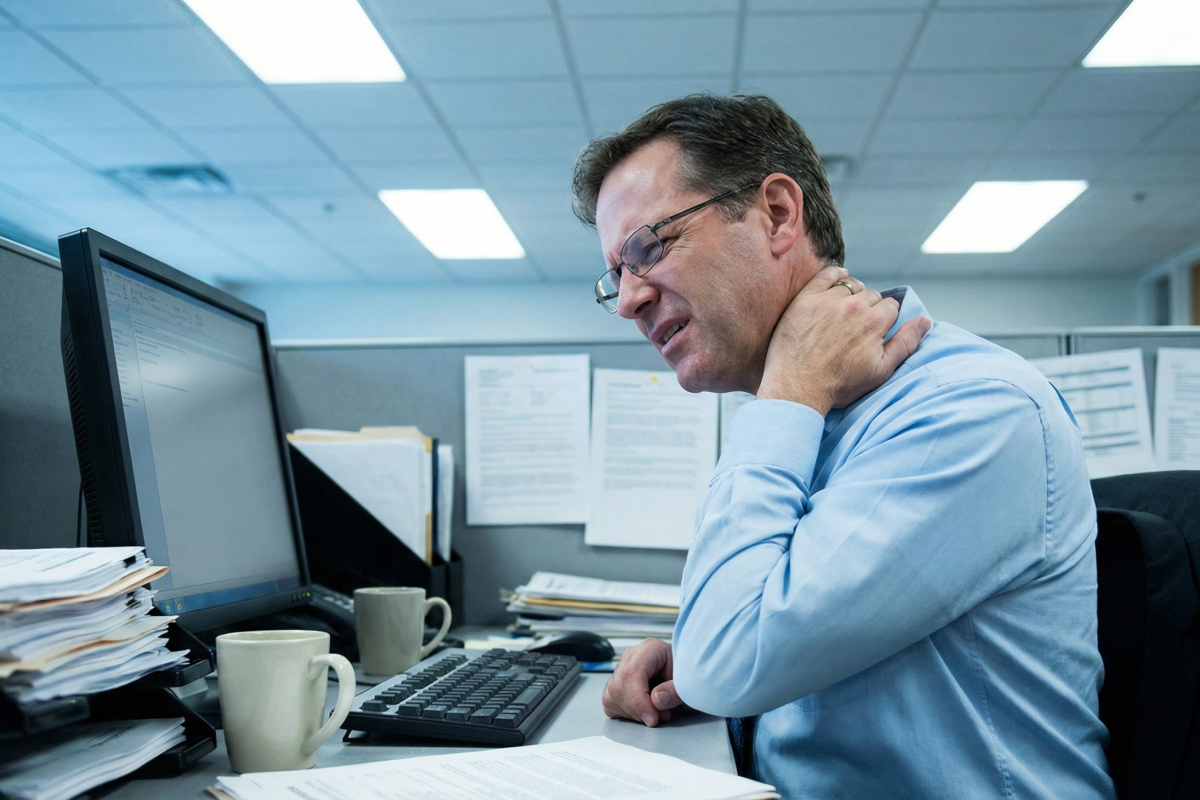 一名戴眼鏡的辦公室上班族表情痛苦地按著後頸，顯示因長期久坐、姿勢不良與高壓工作環境，導致身體出現肩頸痠痛與慢性發炎的典型症狀。