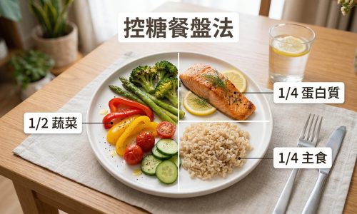 控糖餐盤法示意圖，半盤蔬菜四分之一蛋白質四分之一主食