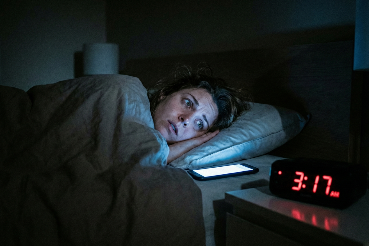 一名女性在凌晨3點17分因嚴重失眠而焦慮地盯著手機螢幕，這種夜間無法入睡、生理時鐘混亂的狀態，常是體內慢性發炎指數過高與皮質醇失調的典型反應。
