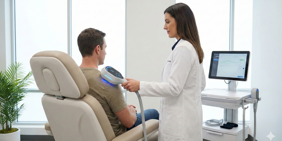 醫師使用非侵入式高科技設備，協助患者舒緩肩頸部位的疼痛與肌肉緊繃。