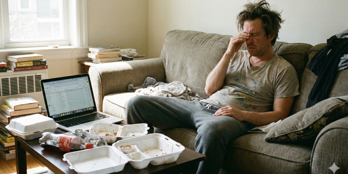 一名看起來極度疲憊且儀容不整的男子癱坐在沙發上，桌上堆滿速食餐盒與含糖飲料，這是不良生活習慣導致慢性發炎與長期疲勞的典型寫照。