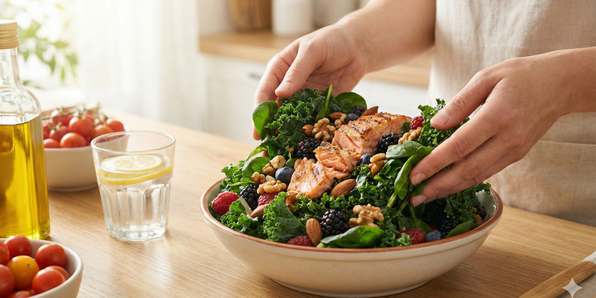 雙手捧著一碗富含烤鮭魚、深綠色蔬菜、堅果與莓果的沙拉，這是富含 Omega-3 與抗氧化劑，能有效改善慢性發炎體質的標準地中海式飲食餐盤。