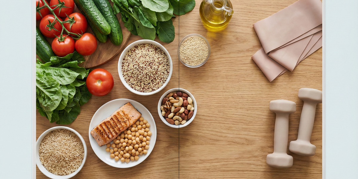 健康飲食食材（蔬菜、全穀、魚類、豆類、堅果、橄欖油）搭配啞鈴與彈力帶的畫面，用於說明肥胖管理中的飲食與運動策略。