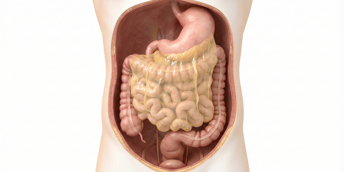 腹腔解剖示意圖，顯示腸道前方覆蓋的淡黃色大網膜（內臟脂肪的一部分），用於說明肥胖與內臟脂肪堆積的關聯。
