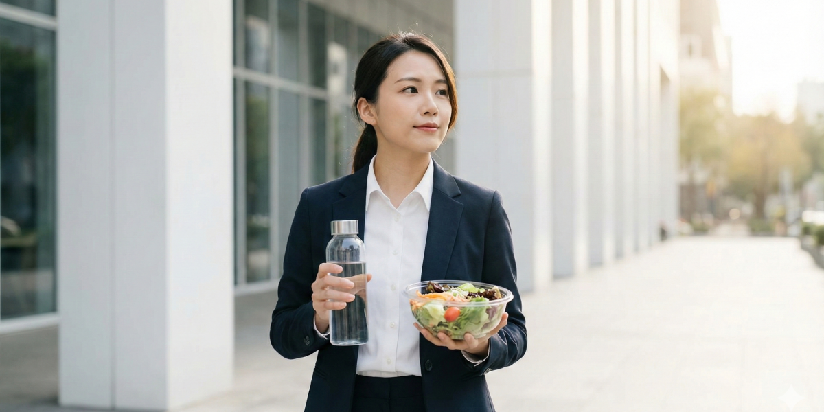 一位穿著俐落深色西裝的東亞上班族女性，在現代都會背景下散步，手中拿著透明水瓶與新鮮綠生菜沙拉餐盒，展現自信與健康的形象。